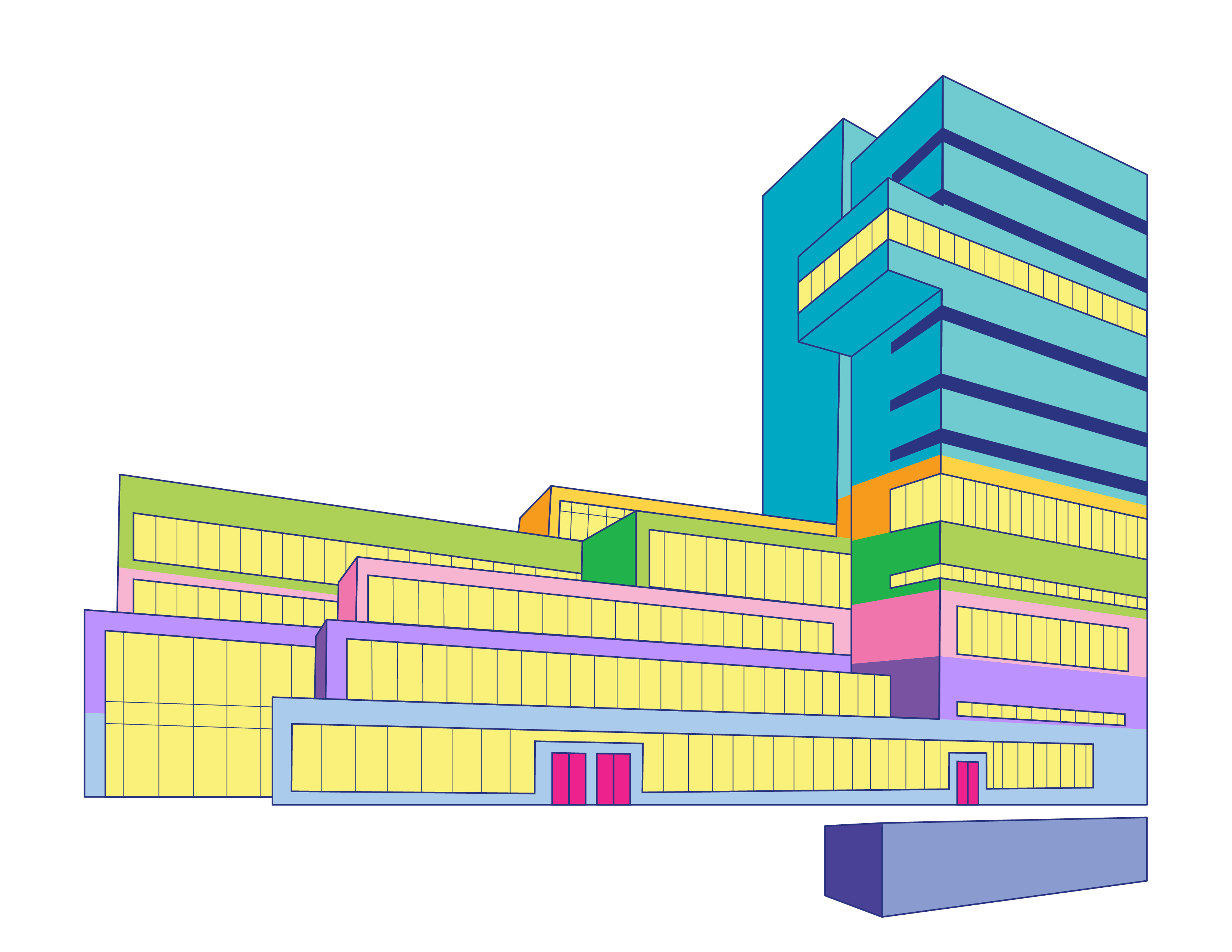Illustration of Milstein Center with different floors shown in different bright colors