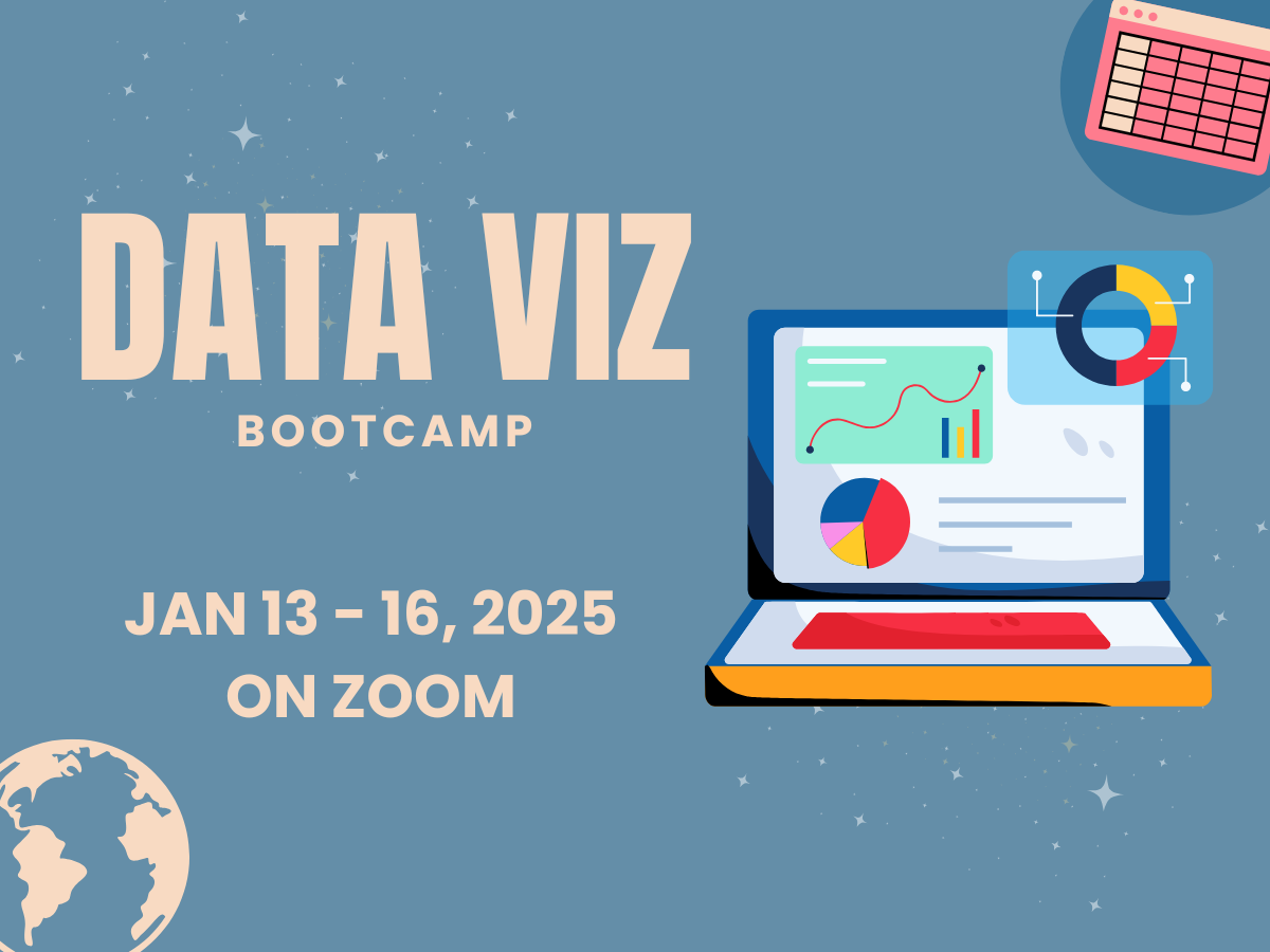 Flier for Data Viz Bootcamp Small Laptop on Screen with images of charts and graphs. Dates mentioned: January 13-16 on zoom.