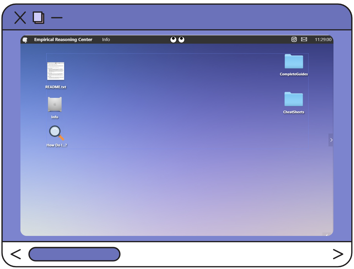 computer screen showing folders for self-guided tutorials, cheat sheets, etc with a fun apple-like interface